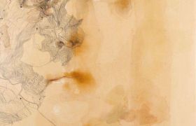 SENSI ARTE, Rilievo, acquerello sanguigna su antica mappa su tavola, cm 60 x 60, SRFL_08
