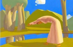 SENSI ARTE, Paesaggio con ragazza che finge di tuffarsi in un fiume,  tempera su tavola, cm 130  x 105