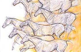SENSI ARTE, Dieci in piazza,  disegno su carta, cm 45 x 30
